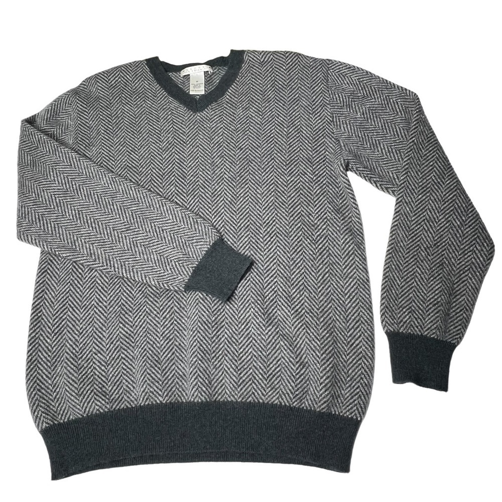 MARCONI 100% Luxury Cashmere V-neck Grey Black Herringbone Sweater Men's Size M